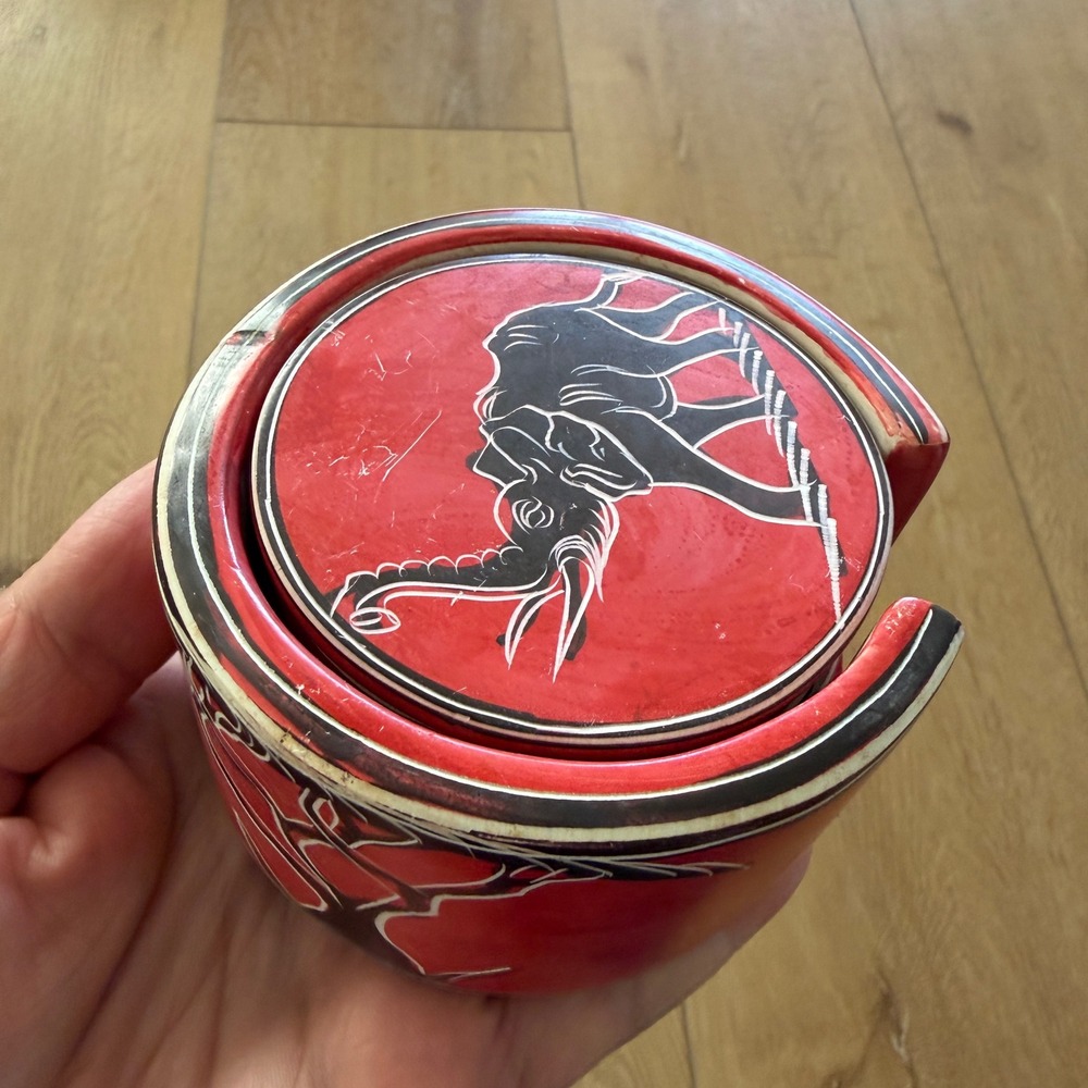African Soapstone Coaster Set of 6 with Holder Red Black Etched Safari Animals